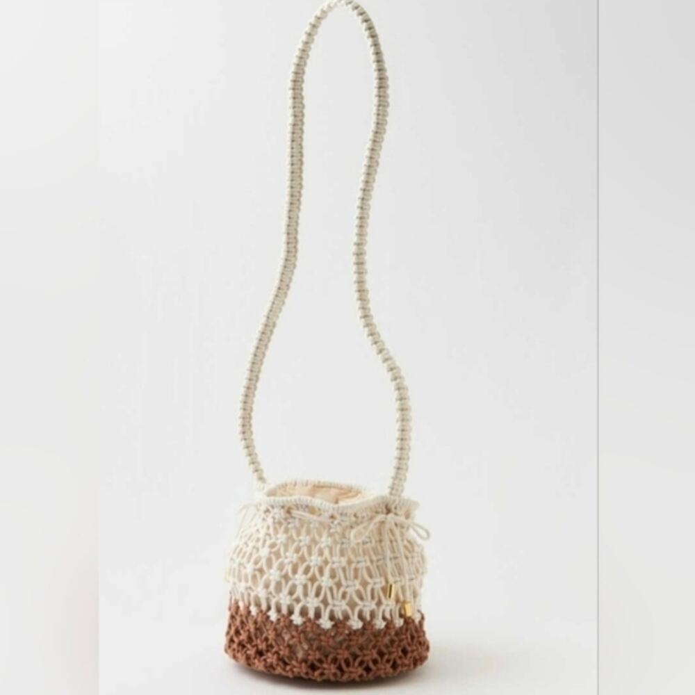 Aerie Brown White Two-Tone Rope Crochet Braided Mini Bucket Crossbody Bag NEW
